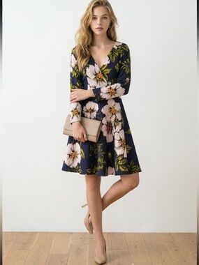 Eva Franco Anthropologie Navy Floral 3/4 Sleeve A-Line Cocktail Dress - Size M